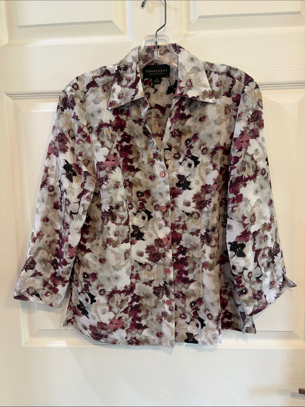 Donnkenny Classics Floral Button-Down Shirt in Burgundy, Taupe and Cream